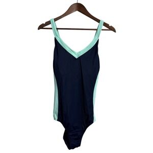 Lands End one piece swimsuit women's 10 blue color block stripe preppy modest